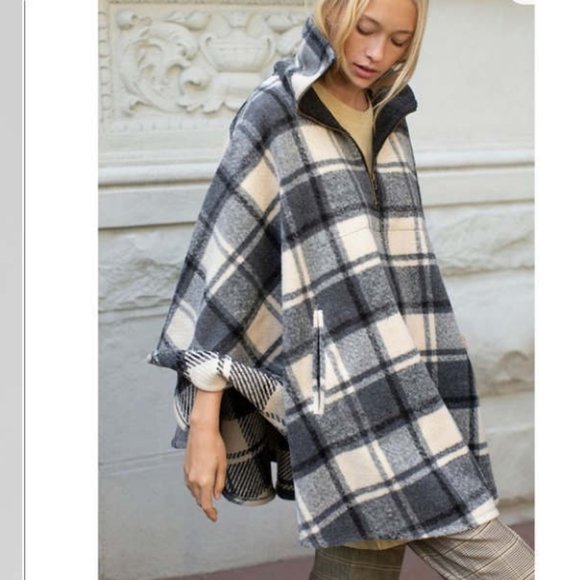 Free People Sweaters - Free People Woodstock Brushed Plaid Poncho Cape Gray One Size OS